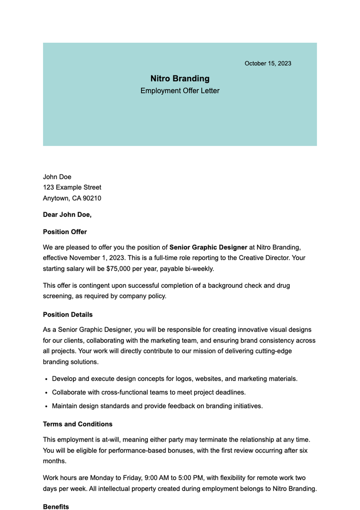 Formal employment offer letter from Nitro Branding with detailed terms and benefits_variant_2